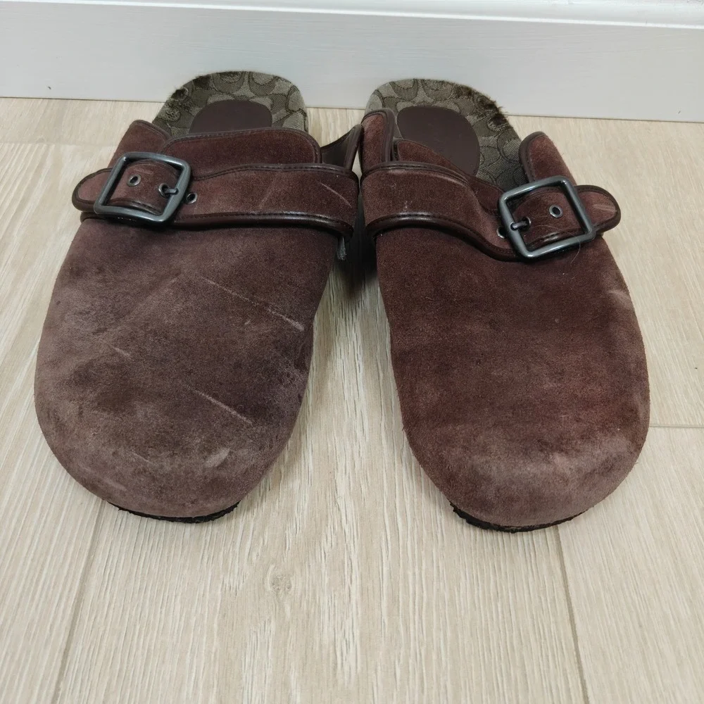 Coach Mens Clogs 12 Brown Suede Buckle Strap Monogram Gorpcore Luxury
